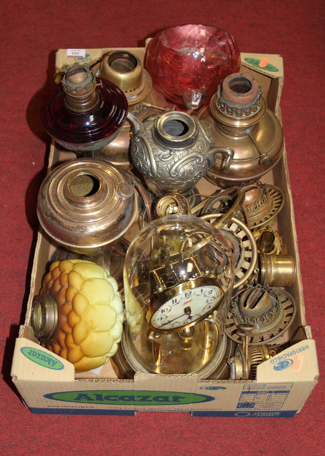Lot 201 - A box of Victorian and later oil lamp parts...