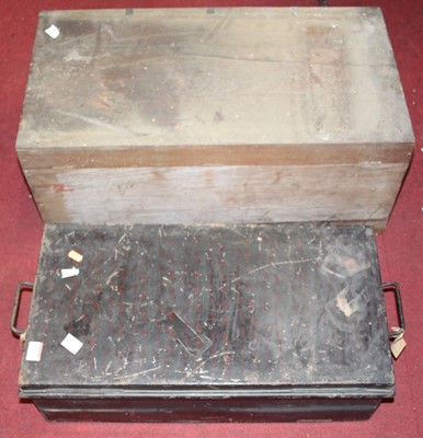 Lot 672 - A vintage tin fireproof document box; together...
