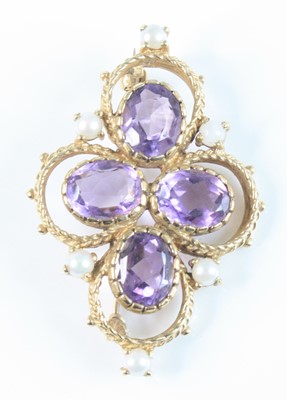 Lot 2545 - A 9ct yellow gold, amethyst and pearl brooch,...