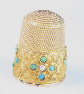 Lot 2594 - A 9ct gold, turquoise and seed pearl set...