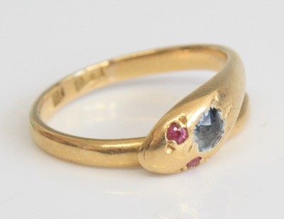 Lot 2616 - A late Victorian yellow metal snake ring, set...