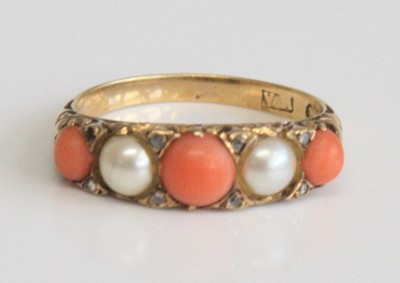 Lot 2617 - A yellow metal coral and pearl half hoop ring,...