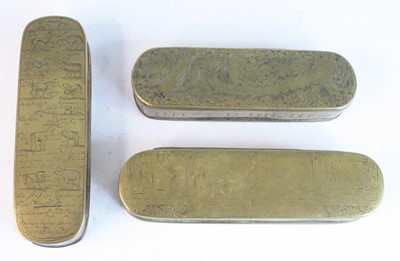 Lot 4237 - Three 18th century Dutch brass tobacco boxes,...