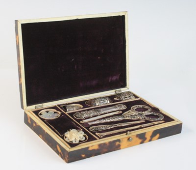 Lot 2231 - A 19th century tortoiseshell cased sewing box,...