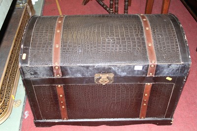 Lot 1259 - A canvas, leather and studded dome top hinged...