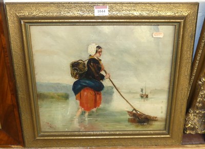 Lot 1044 - J.W. Partridge - Fishing for mussels, oil on...