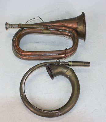 Lot 699 - A vintage copper and brass bugle, together...