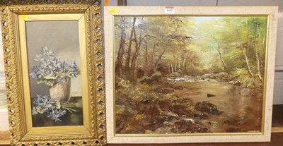 Lot 1052 - NV Taylor - River scene, palette knife oil on...