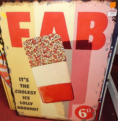 Lot 1099 - A printed tin advertising sign for FAB lollies,...