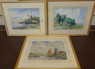 Lot 1064 - Judy Mattin - Ebbtide at Pin Mill, watercolour,...