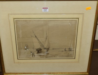 Lot 1069 - R Howes-Hunt - River boats, pencil, black...