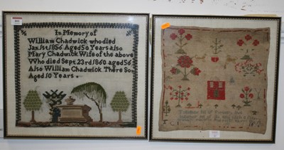 Lot 801 - A Victorian memorial picture and verse sampler,...