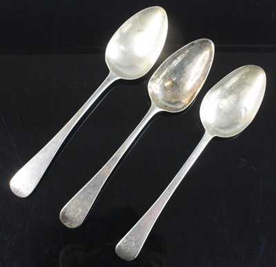 Lot 2092 - Three Georgian silver tablespoons, in the Old...