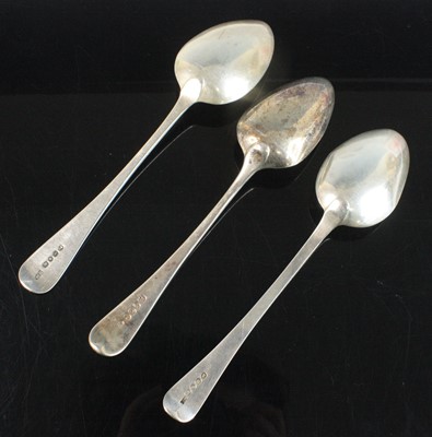 Lot 2092 - Three Georgian silver tablespoons, in the Old...