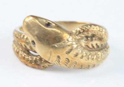 Lot 2652 - A 9ct yellow gold hollow snake ring, having...