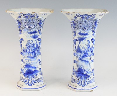 Lot 2047 - A pair of Delft blue and white trumpet vases,...