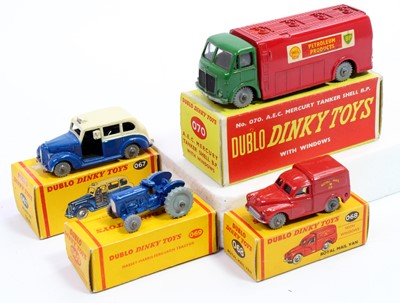 Lot 445 - Four Dublo Dinky Toys, all grey treaded wheels:...