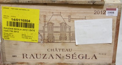 Lot 1008 - Château Rauzan-Segla, 2012, Margaux, twelve...