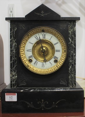 Lot 12 - A Victorian black slate mantel clock, the...