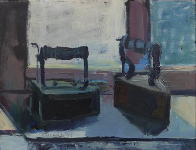 Lot 218 - Brian Ballard (b.1943) - Irons in Window, oil...