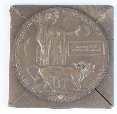 Lot 712 - A WW I bronze memorial plaque, naming Harold...