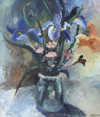 Lot 210 - Arthur Oldham - Still Life Irises in a Jar,...