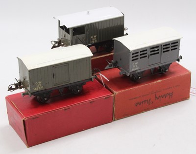 Lot 269 - Three post-war Hornby 0-gauge GW wagons, grey...