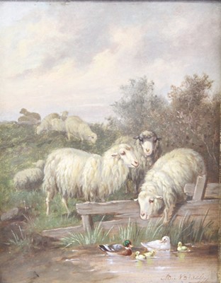 Lot 2310 - Adolf Nowey (c.1835-?) - Sheep at a pond, oil...