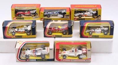 Lot 1330 - Corgi Toys boxed racing car group of 8, with...