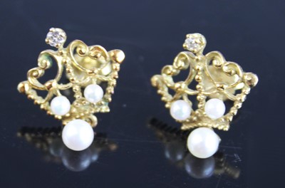 Lot 2227 - A pair of yellow metal, pearl and diamond...