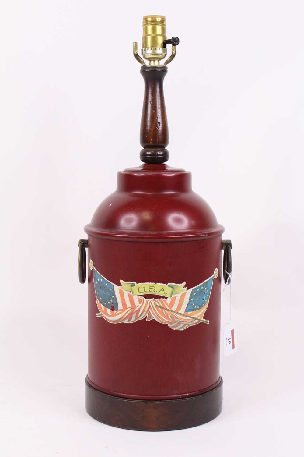Lot 19 - A reproduction toleware table lamp, inscribed...