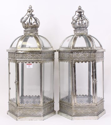 Lot 24 - A pair of modern metal hanging lanterns, each...