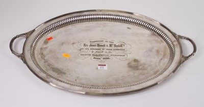 Lot 232 - A Victorian silver plated twin handled tray,...