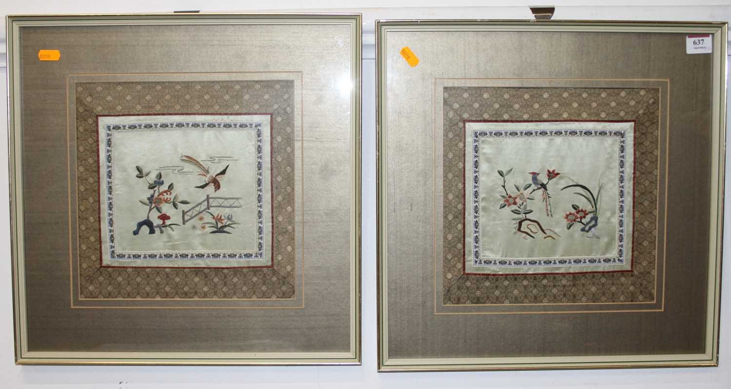 Lot 637 - A pair of Chinese silks, each 25x26cm, framed