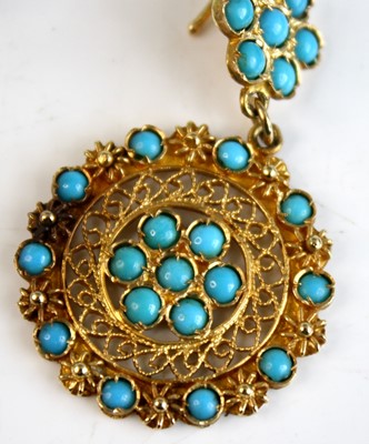 Lot 2509 - A pair of 18ct yellow gold turquoise drop...