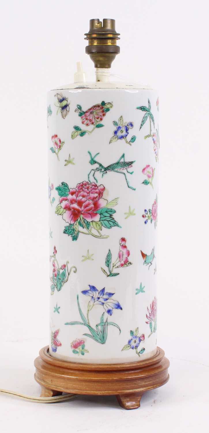 Lot 35 - A Chinese porcelain cylinder vase, enamel...