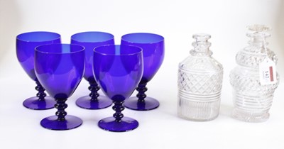 Lot 142 - A set of five Bristol blue glass goblets,...