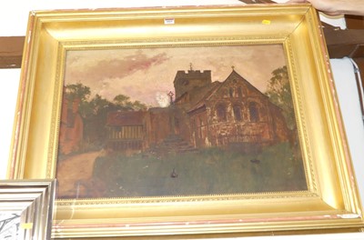 Lot 1019 - A. Baldwin - A church at sunset, oil on canvas,...