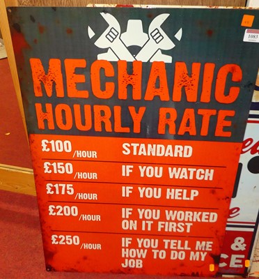 Lot 1083 - A printed tin sign 'Mechanic Hourly Rate', 70...