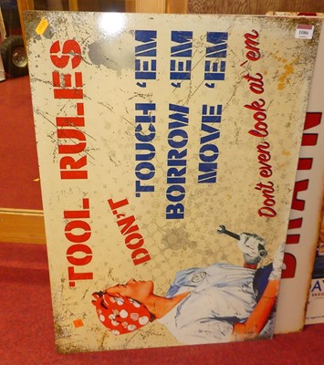 Lot 1086 - A printed tin sign 'Tool Rules', 70 x 50cm