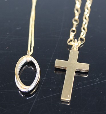 Lot 385 - A 9ct gold cross pendant, on belcher link neck...