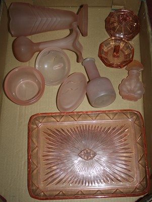 Lot 608 - A collection of Art Deco pink glass dressing...