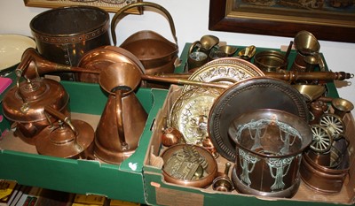 Lot 642 - Four boxes of brass and copper wares to...