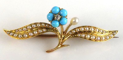 Lot 2551 - A yellow metal turquoise, pearl and diamond...