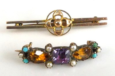 Lot 2553 - Two yellow metal bar brooches, one with two...