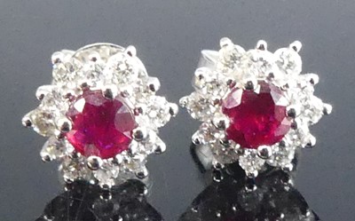Lot 2559 - A pair of 18ct white gold, ruby and diamond...