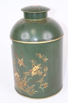 Lot 14 - A green toleware type tea canister, gilt...