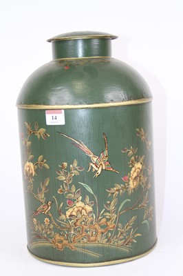 Lot 14 - A green toleware type tea canister, gilt...