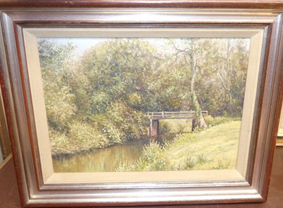 Lot 1026 - Mervyn Goode (b.1948) - The wooden footbridge,...