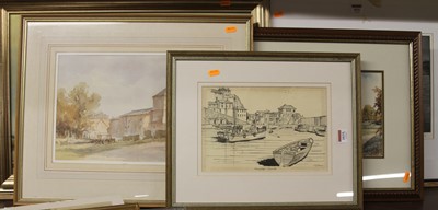 Lot 1035 - Guy Magnus - Mevagissey, Cornwall, ink study,...